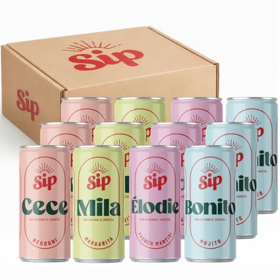 Sip Alcohol Free Cocktail Cans 12 Pack | Mixed Case Including Negroni, Margarita, Mojito, & French Martini | No Added Sugar & Made Using Natural Ingredients | Female Founded UK Brand