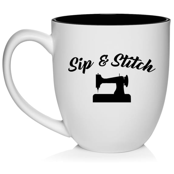 Sip And Stitch Funny Sewing Sew Seamstress Quilter Ceramic Coffee Mug Tea Cup Gift for Her, Friend, Coworker, Wife (16oz White)