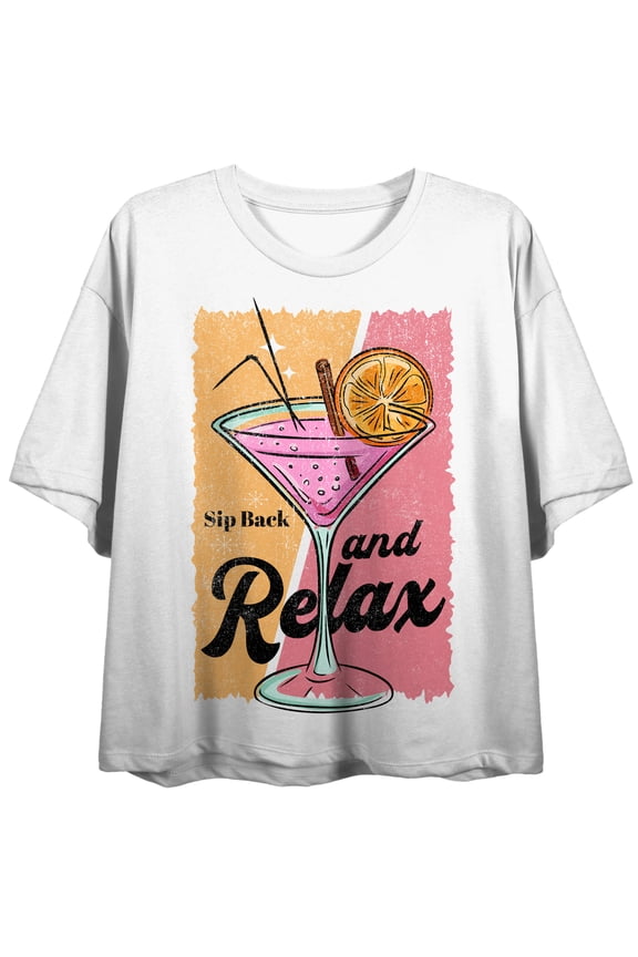 Sip Back And Relax Martini Crew Neck Short Sleeve Women's White Crop Top-Small