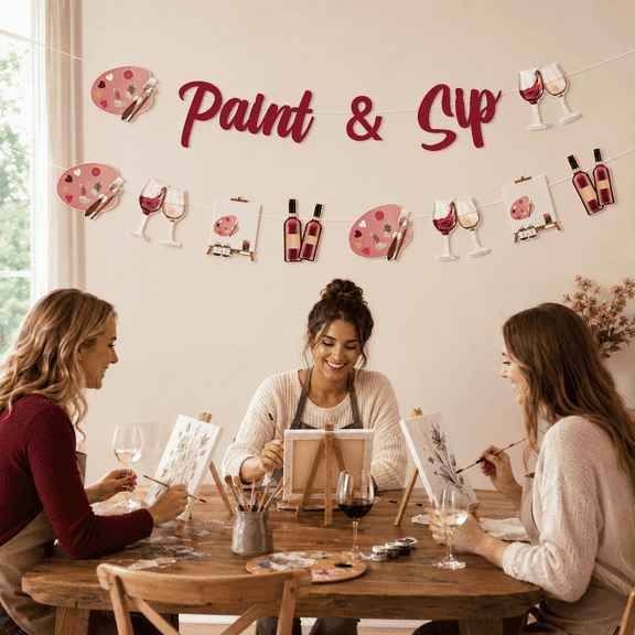 Sip and Paint Party Supplies Paint and Sip Party Decor Banner Garland for Woman Girl Art Painting Hanging Decor Artist Wine Date Night Lets Sip Bachelorette Bridal Shower Birthday Party Supplies