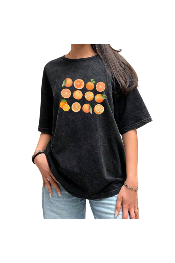 Sip Refreshing Summer Citrus Sips Washed Black Citrus Slice Graphic Tees Print Tshirt Shirts Short Sleeve Tops S-2XL Tops