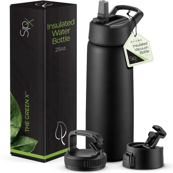 SipX™ 25 oz Insulated Water Bottle with 3 Lids – Leakproof Stainless Steel, Triple Insulated – Black