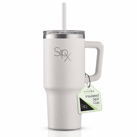 SipX™ 30 oz Insulated Tumbler with Handle & Straw – Vacuum Insulated Stainless Steel, Leakproof, White