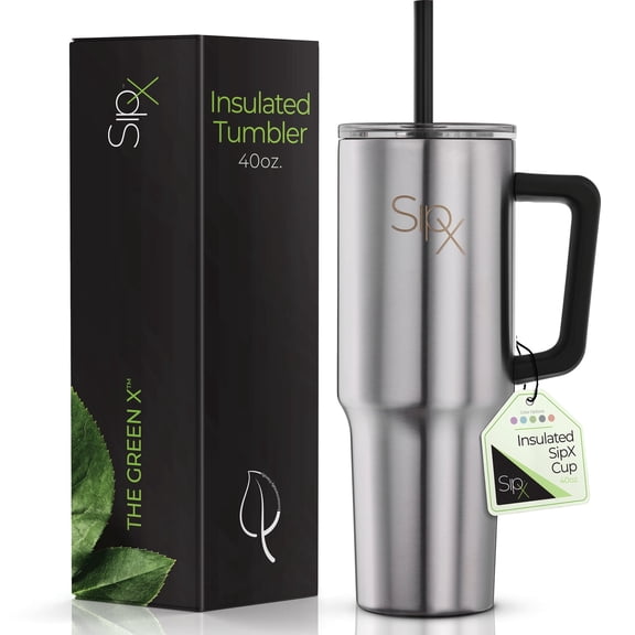 SipX™ 40 oz Insulated Tumbler with Handle & Straw – Vacuum Insulated Stainless Steel, Leakproof, Stainless