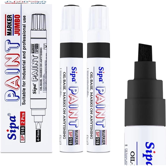Sipa Jumbo Black Paint Markers Pens, 2 Pack Oil Based Chisel Tip Permanent Paint Pens