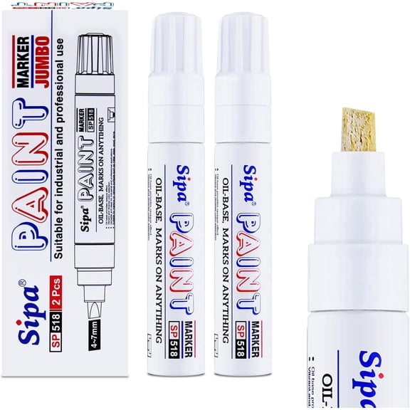Sipa Jumbo White Paint Markers Pens, 2 Pack Oil Based Chisel Tip Permanent Paint Pens