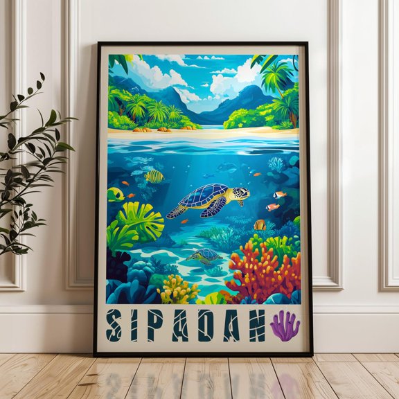 Sipadan Travel Poster - Malaysia Wall Art Print, Illustration Poster, Island Artwork, Home & Office Decor, Gift Idea, Sabah Travel Print Wall Art, Modern Wall Decor, 24x36 UNFRAMED