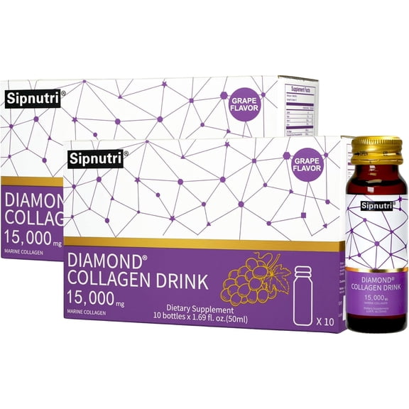 Sipnutri Diamond Collagen Drink15,000mg Marine Collagen Peptides Liquid Shots for Women & Men, Hydrolyzed Vitamin C & Pomegranate, Grapes, Supports Skin, Hair & Nail Health-1.69 fl oz x20