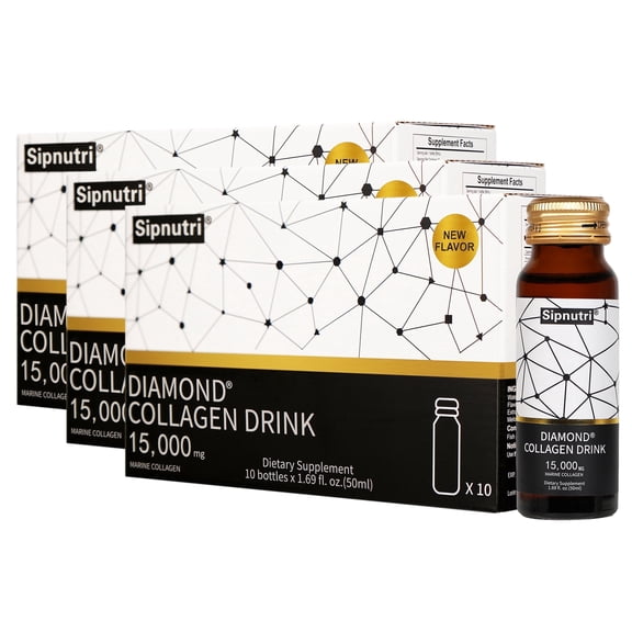Sipnutri Diamond Liquid Collagen Drink 15000mg Marine Collagen - 30 Bottles, Collagen Peptide, Vitamin C, and Antioxidants for Skin, Joint, Nail, Hair Health- 50ml x 10 Bottles 3 Boxes