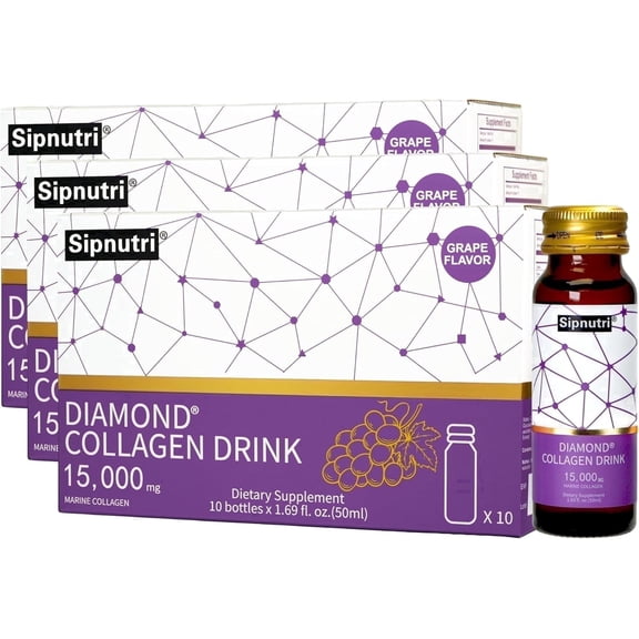 Sipnutri Collagen Drink, 15000mg Hydrolyzed Marine Collagen with Vitamin C & Pomegranate -Grape Flavor, 50ml x 30 Bottles