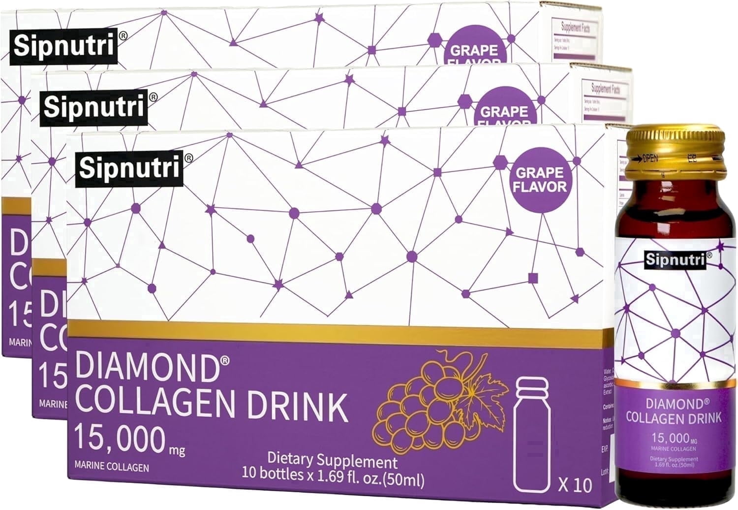 Sipnutri Collagen Drink, 15000mg Hydrolyzed Marine Collagen with Vitamin C & Pomegranate -Grape Flavor, 50ml x 30 Bottles
