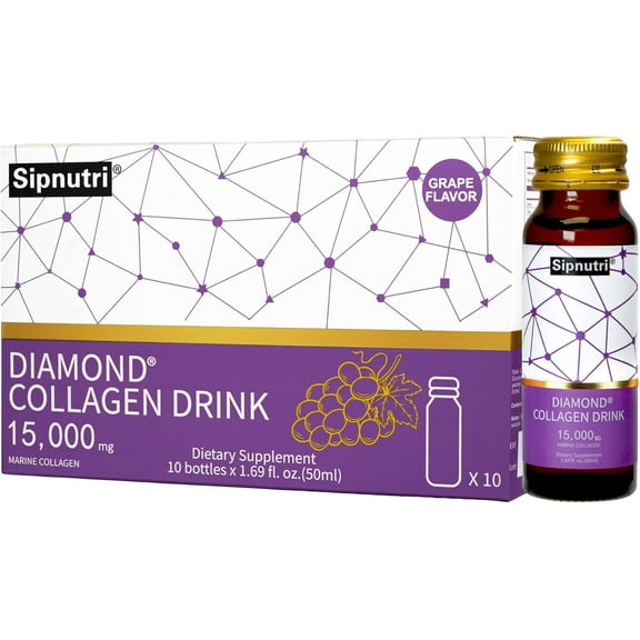 Sipnutri Liquid Marine Collagen Drink 15000mg, Hydrolyzed with Vitamin C & Pomegranate -Grape Flavor, 50ml x 10 Bottles
