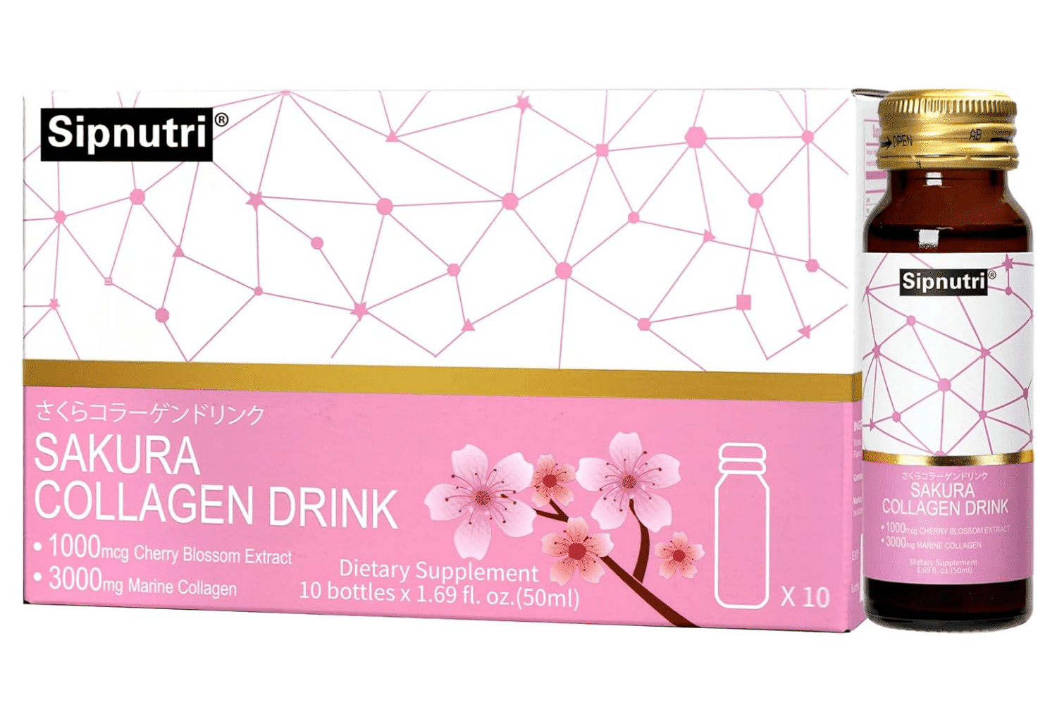 Sipnutri Japanese Sakura Glowing Skin Collagen Drink - with Cherry Blossom & Mangosteen Extract, Support Skin Radiance, Hydration & Elasticiy, Daily Antioxidant Support –1.69 fl oz x10