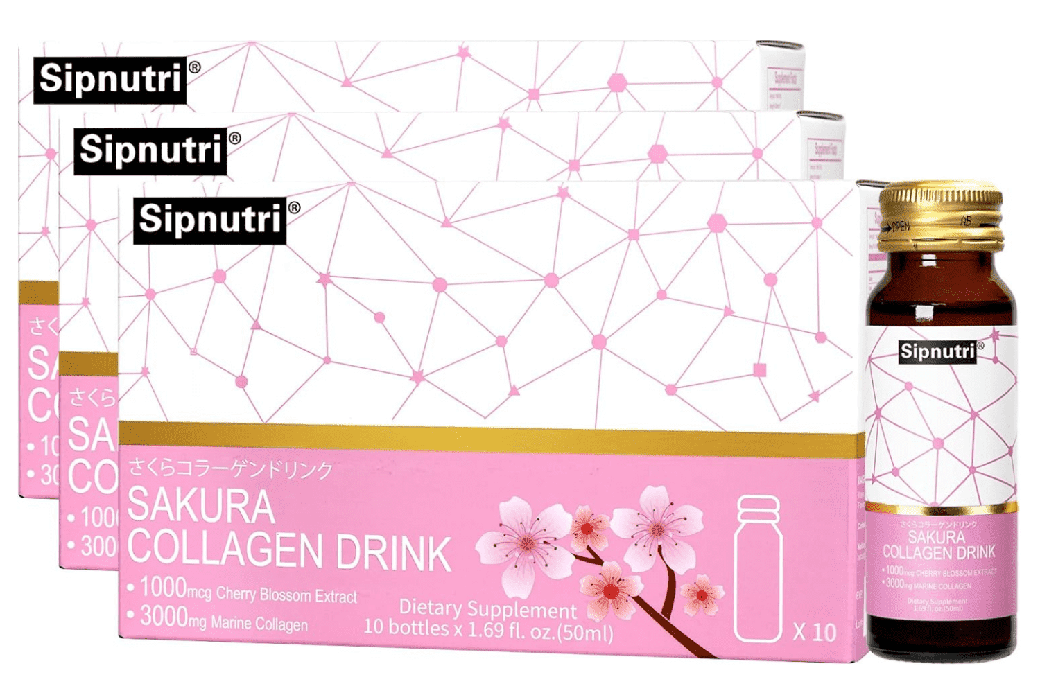 Sipnutri Collagen Drink - 3000mg Hydrolyzed Marine Peptides with Cherry Blossom & Mangosteen Extract, Supports Skin Hair Nail Health – 30 Count 1.69 fl oz x30