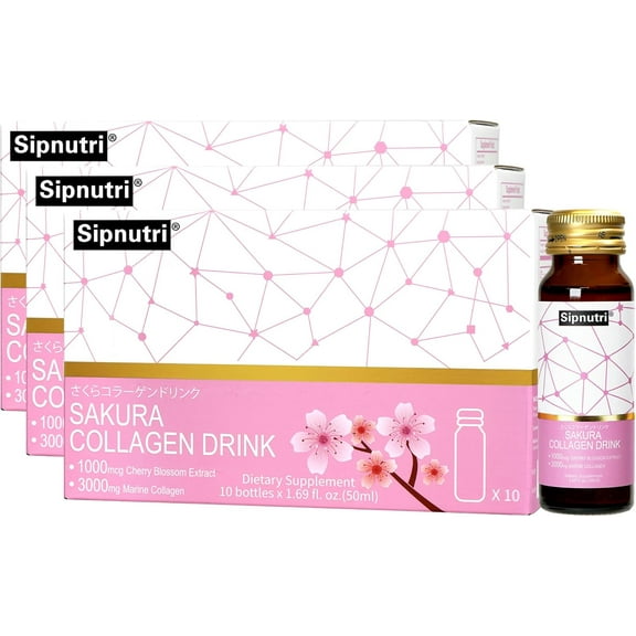 Sipnutri Collagen Drink - 3000mg Hydrolyzed Marine Peptides with Cherry Blossom & Mangosteen Extract, Supports Skin, Hair & Nail Health – 1.69 fl oz x30