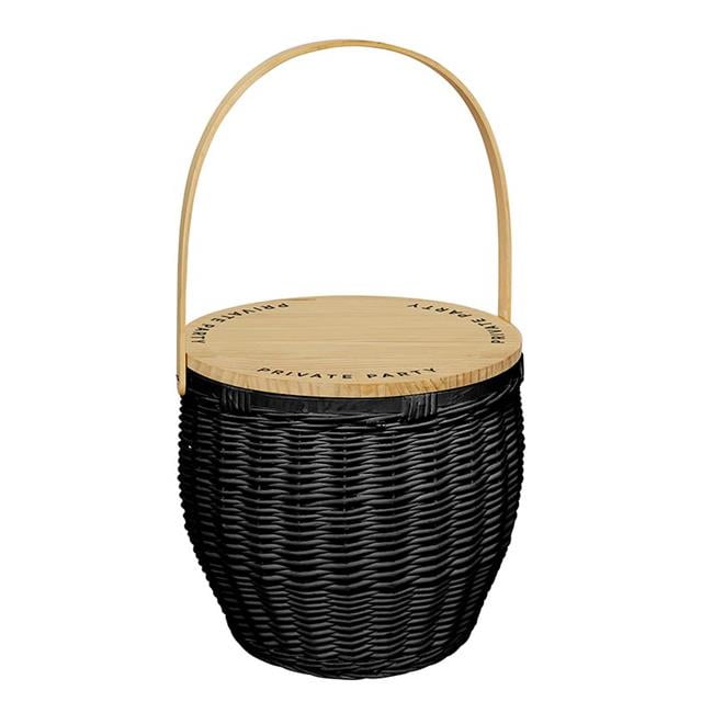 Large Black Wicker Picnic Basket with Wood Tabletop Lid