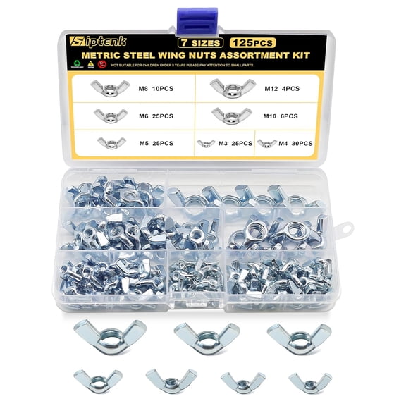 Siptenk Metric Wing Nuts 125PCS, M3 M4 M5 M6 M8 M10 M12 Wingnuts 7 Assorted Sizes Carbon Steel Zinc Plated Butterfly Wing Nut Fasteners Hardware Assortment Kit