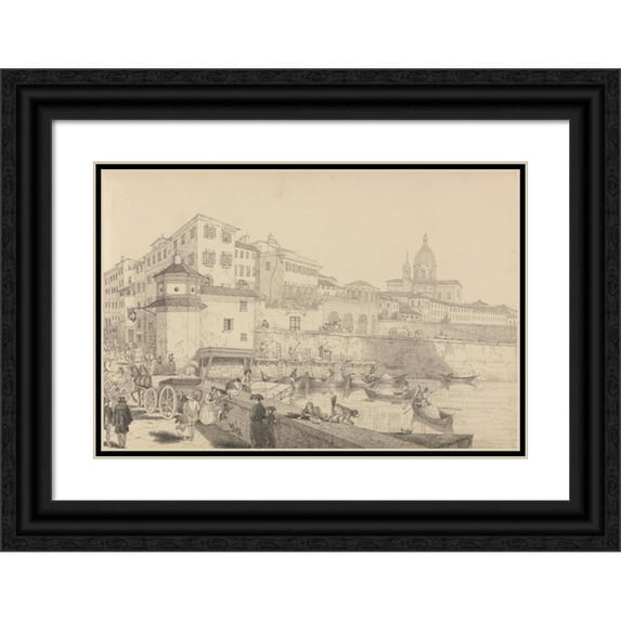 Sir Charles D'Oyly 14x11 Black Ornate Wood Framed Double Matted Museum Art Print Titled: View of Casino Pecori on the Lung Arno, Residence of Sir Charles D’Oyly at Florence (1842)