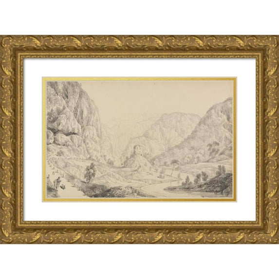 Sir Charles D'Oyly 14x11 Gold Ornate Wood Frame and Double Matted Museum Art Print Titled - View on the Eisak Near Mittenwald (1840)