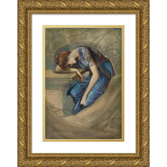 Sir Edward Coley Burne-Jones 17x24 Gold Ornate Framed and Double Matted Museum Art Print Titled - The Briar Rose Series - Study for ‘The Garden Court’ (1889)