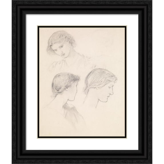 Sir Edward Coley Burne-Jones 20x24 Black Ornate Framed Double Matted Museum Art Print Titled: Female - Head Study of a Girl (Three Studies)