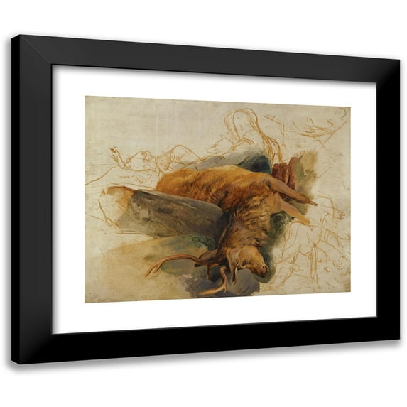 Sir Edwin Henry Landseer 24x20 Black Modern Framed Museum Art Print Titled - A Dead Stag, with Sketched Figures Of&nbsp;A Ghillie and Hounds