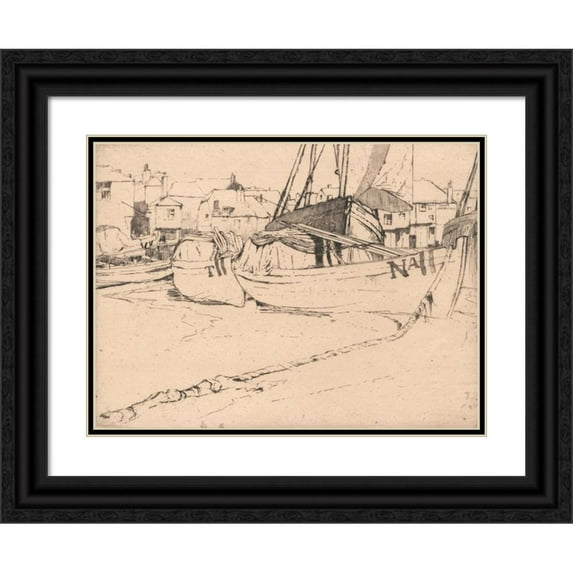 Sir Frank Short 14x11 Black Ornate Wood Framed Double Matted Museum Art Print Titled: Seine Boats, St. Ives, Cornwall (1888)