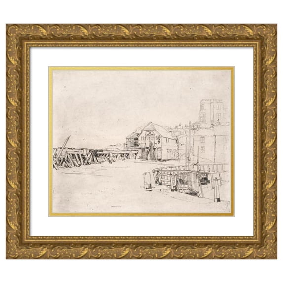 Sir Frank Short 18x15 Gold Ornate Wood Frame and Double Matted Museum Art Print Titled - The ‘Lusitania’ Raft on Broadstairs Pier (1920)
