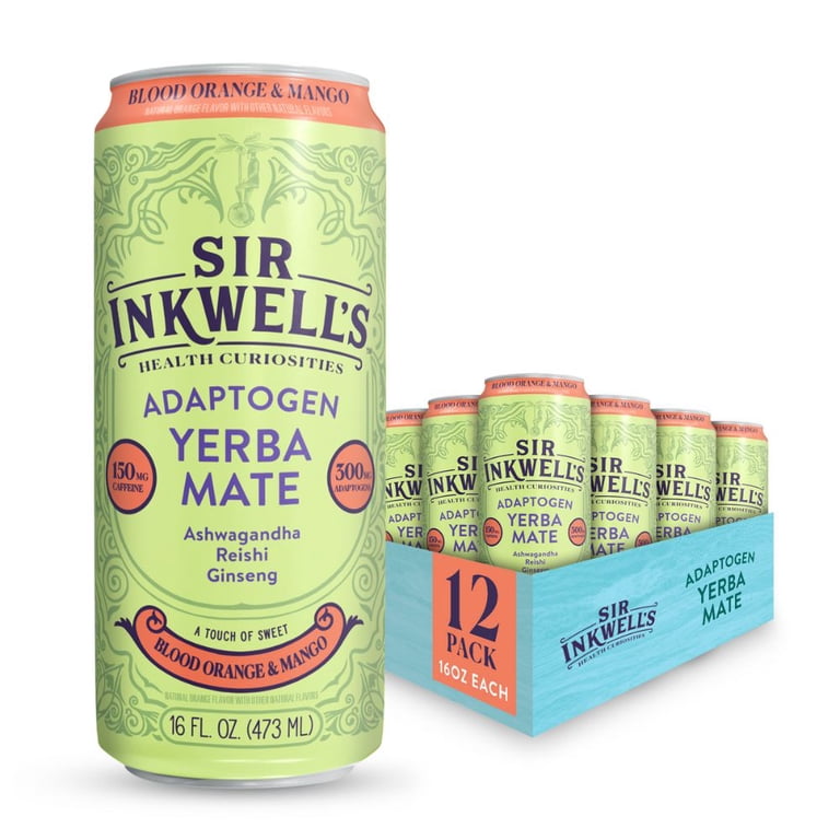 Sir Inkwell's Adaptogen Yerba Mate, Blood Orange & Mango Flavor, 16 oz, 12 Pack