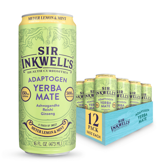Sir Inkwell's Adaptogen Yerba Mate Tea, Meyer Lemon & Mint Flavor, 16 oz, 12 Pack