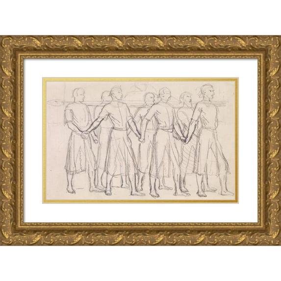 Sir John Everett Millais 24x16 Gold Ornate Framed and Double Matted Museum Art Print Titled - The Head of Bran by George Meredith - Study of Seven Princes Carrying the Head of Bran (1860)