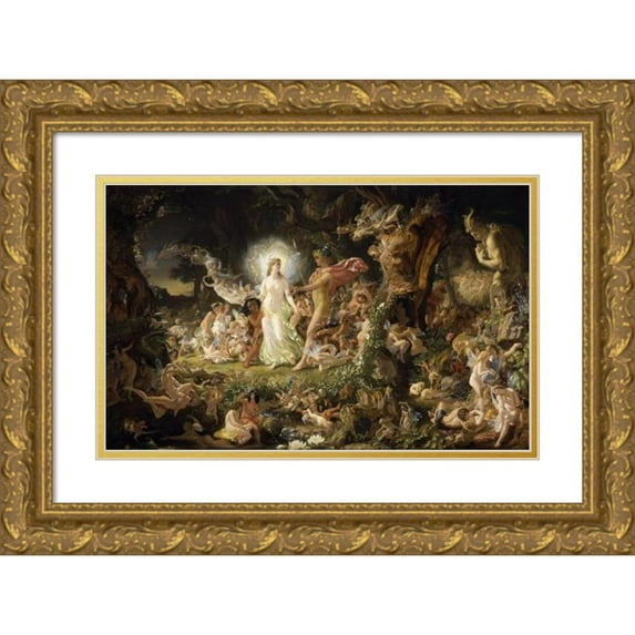 Sir Joseph Noel Paton 24x17 Gold Ornate Framed and Double Matted Museum Art Print Titled - The Quarrel of Oberon and Titania (1849)