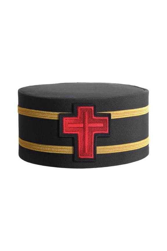 Sir Knight Knights Templar Commandery Masonic Crown Cap - Black Rayon with Red Cross Emblem & Double Gold Braids