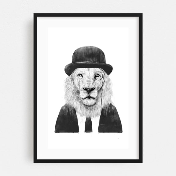 Sir Lion - Illustration Animal Surrealism Black and White Humor Wildlife Portrait Black Framed Wall Art Print 5 x 7 inches