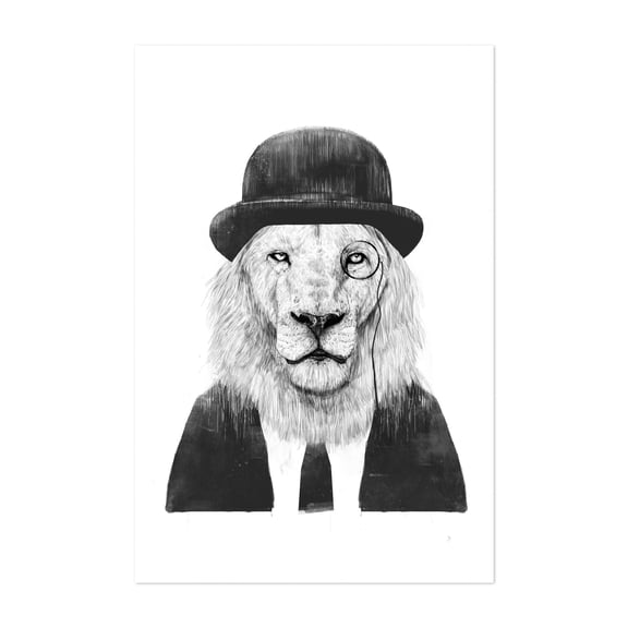 Sir Lion - Illustration Animal Surrealism Black and White Humor Wildlife Portrait Unframed Wall Art Print 4 x 6 inches