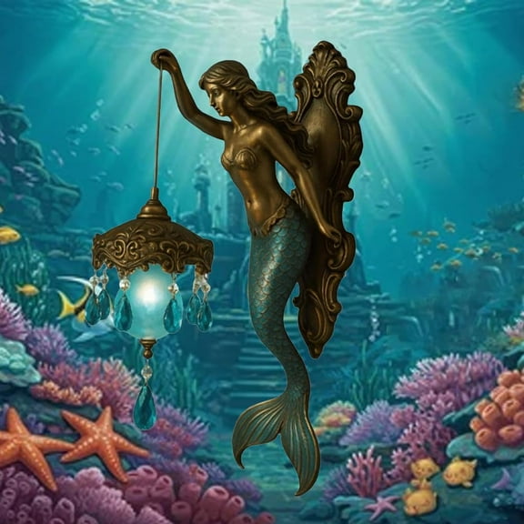 Siren’s Glow Mermaid Wall Lamp – Vintage Mermaid-Themed Wall Light, Frosted Glass Mirror & Crystal Accents, Art Deco Sconce for Bedroom/Living Room