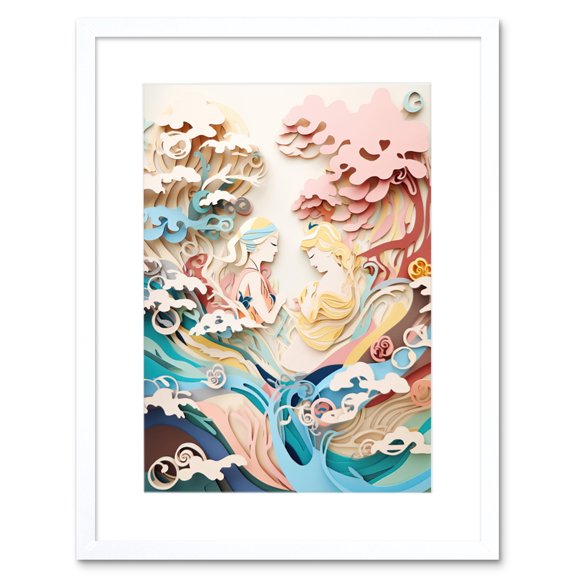 Sirens in Sea Waves Pastel Colour Paper Kirigami Artwork Framed Wall Art Print 9X7 Inch