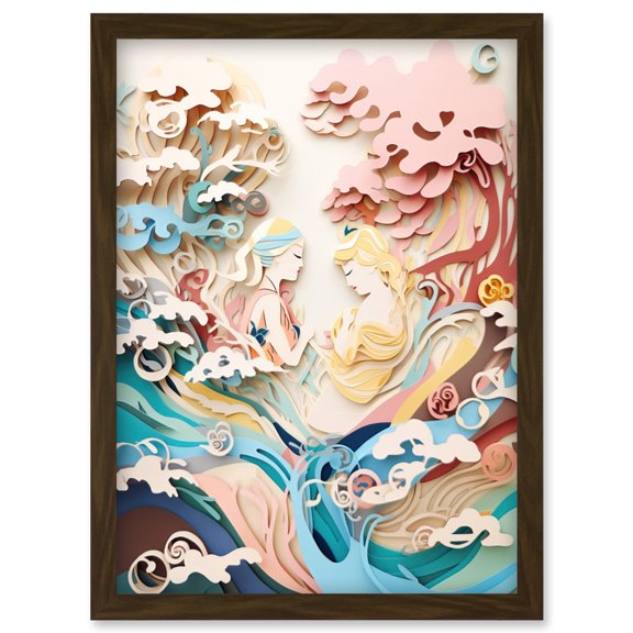 Sirens in Sea Waves Pastel Colour Paper Kirigami Artwork Framed Wall Art Print A4