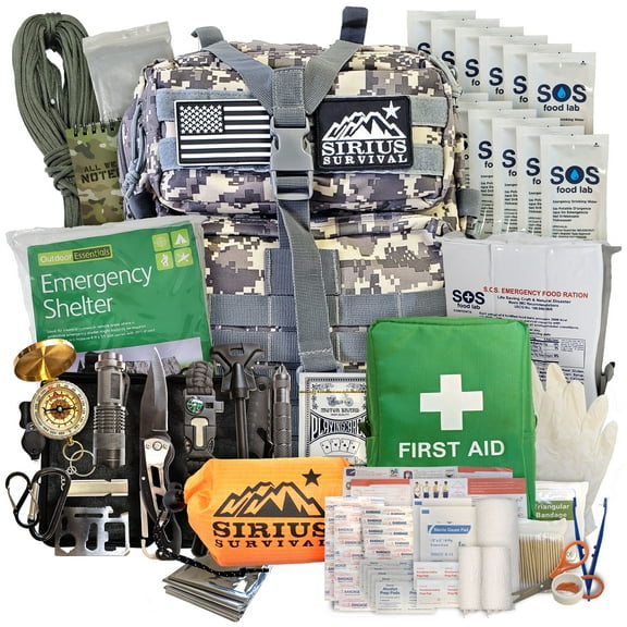 Sirius: Bug Out Bag Starter Kit - 72 Hour Kit for 1 Person - Backpack Survival Kit - 50L Tactical Backpack, US Made Food & Water, Medical Supplies & Survival Tools - Digital Camo