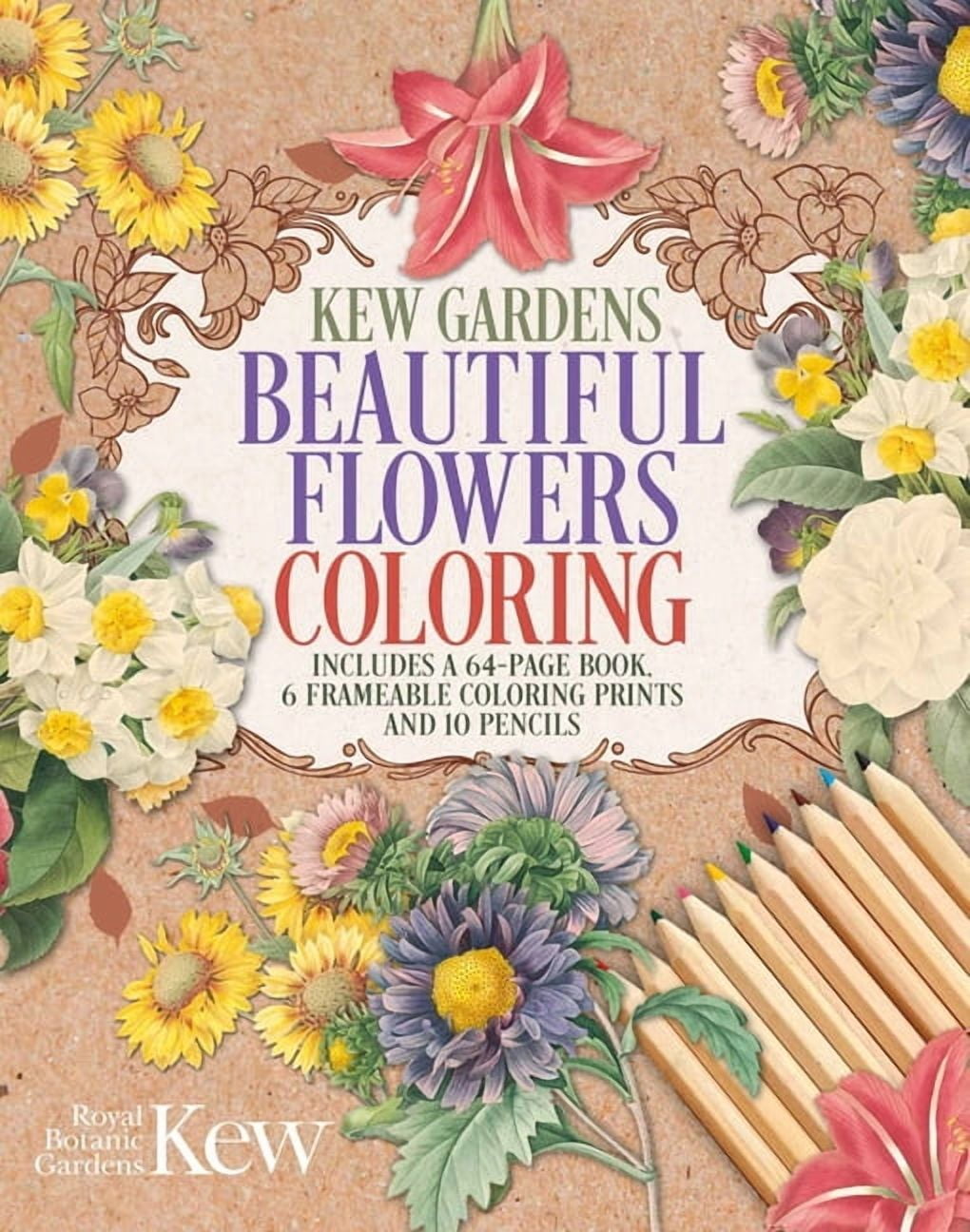 Sirius Coloring Kits Kew Gardens Beautiful Flowers Coloring Kit: Includes a 64-Page Book, 6 Frameable Coloring Prints and 10 Pencils, (Paperback)
