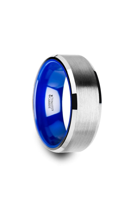 Sirius Flat Beveled Edges Tungsten Ring With Brushed Center And Vibrant Blue Ceramic Inside