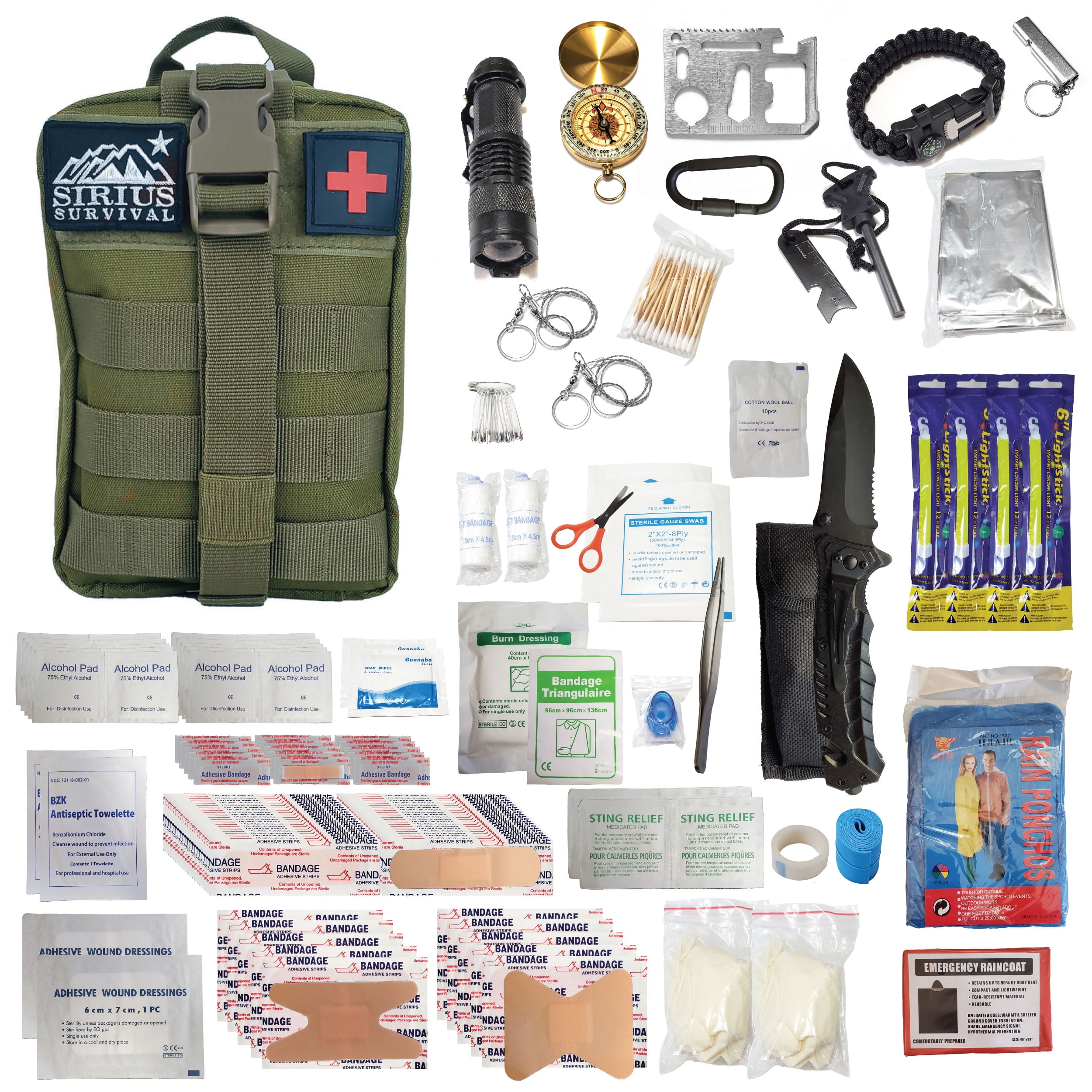 Sirius Premium 250 Piece Survival Kit & First Aid Kit - Outdoor Emergency Gear & Trauma Bag for Camping Hiking Hunting Car Cabin and Other Adventures - Olive Drab