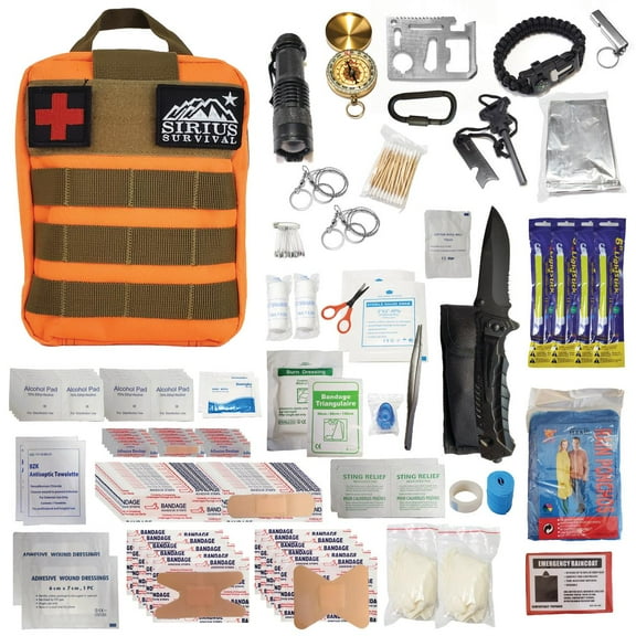 Sirius Premium 250 Piece Survival Kit & First Aid Kit - Outdoor Emergency Gear & Trauma Bag for Camping Hiking Hunting Car Cabin and Other Adventures - Orange