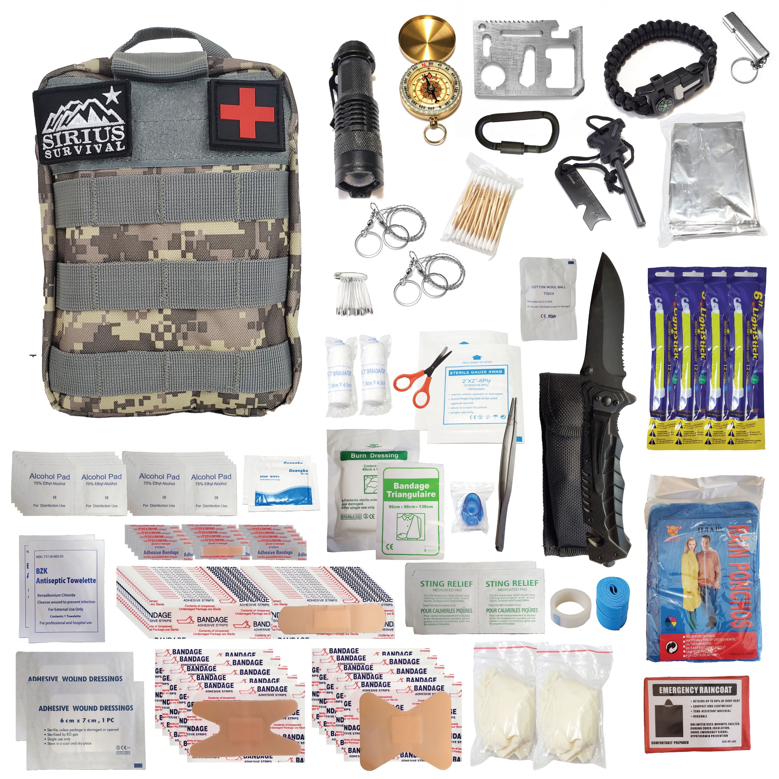 Sirius Premium 250 Piece Survival Kit & First Aid Kit - Outdoor Emergency Gear & Trauma Bag for Camping Hiking Hunting Car Cabin and Other Adventures - Digital Camo
