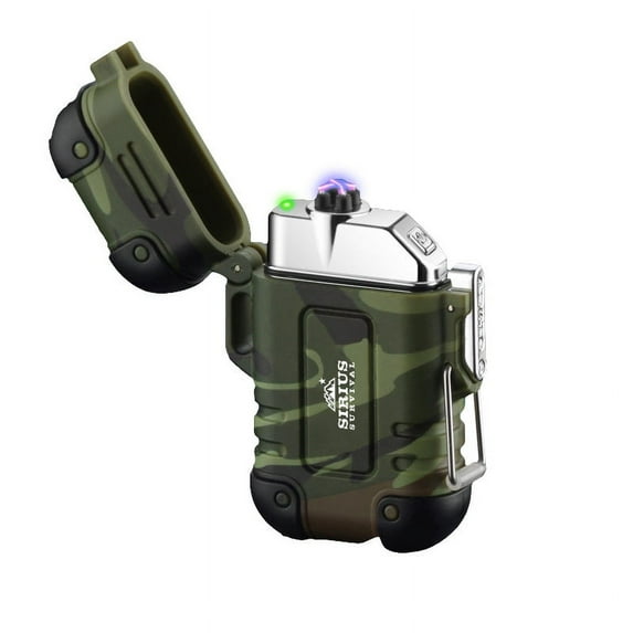 Sirius Survival Arc4 Waterproof/Windproof Plasma Lighter - Top-Facing Dual Arc - Rechargeable USB Electric Lighter for Outdoor Adventures with Whistle Lanyard - Camo