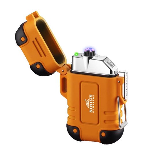 Sirius Survival Arc4 Waterproof/Windproof Plasma Lighter - Top-Facing Dual Arc - Rechargeable USB Electric Lighter for Outdoor Adventures with Whistle Lanyard - Orange