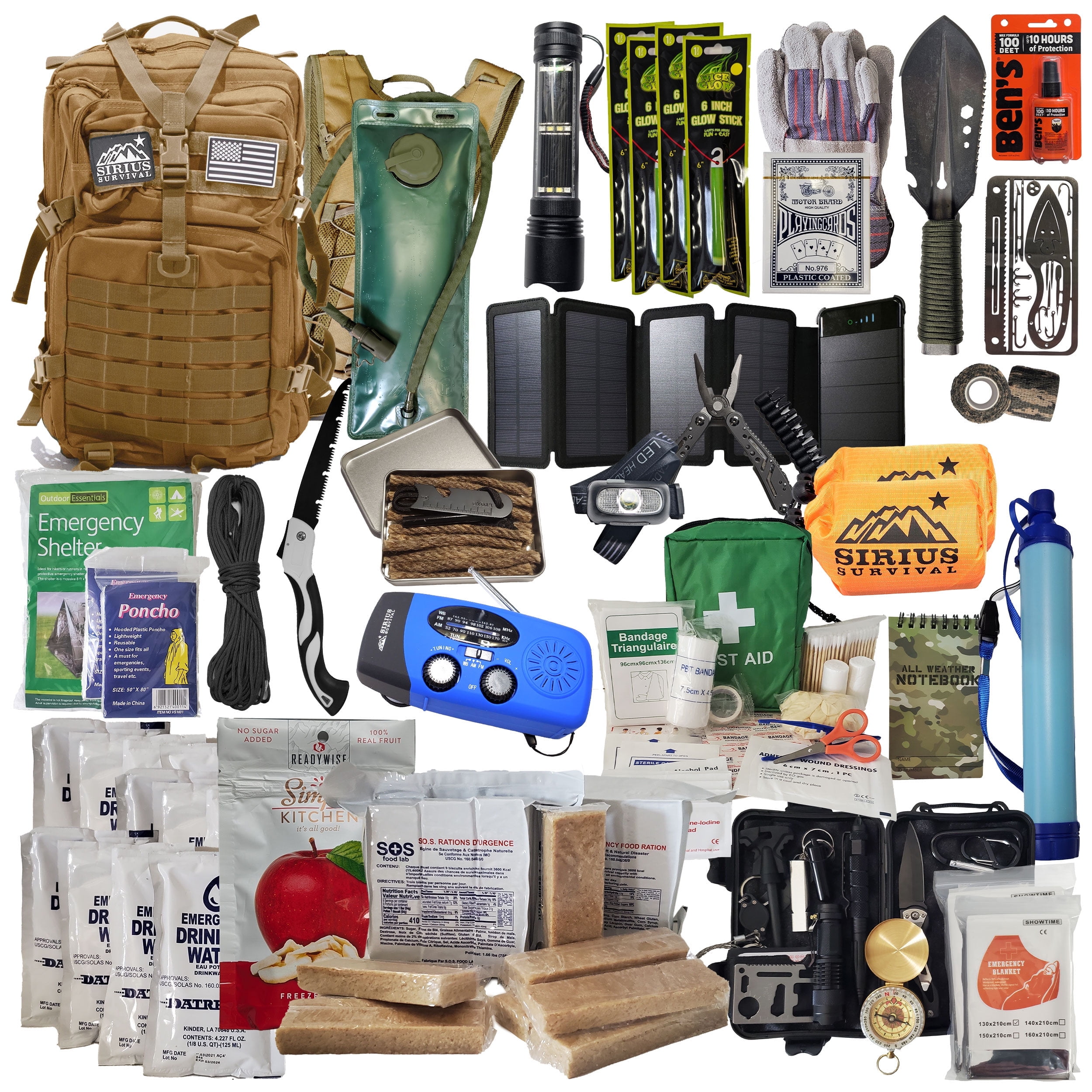 Sirius Survival Bug Out Bag - Premium Bugout Backpack Pre-Packed Survival Kit - Ultimate Bug Out Bag Backpack Survival Kit - Comprehensive Survival Bag - Go Bag Emergency Backpack - Tan
