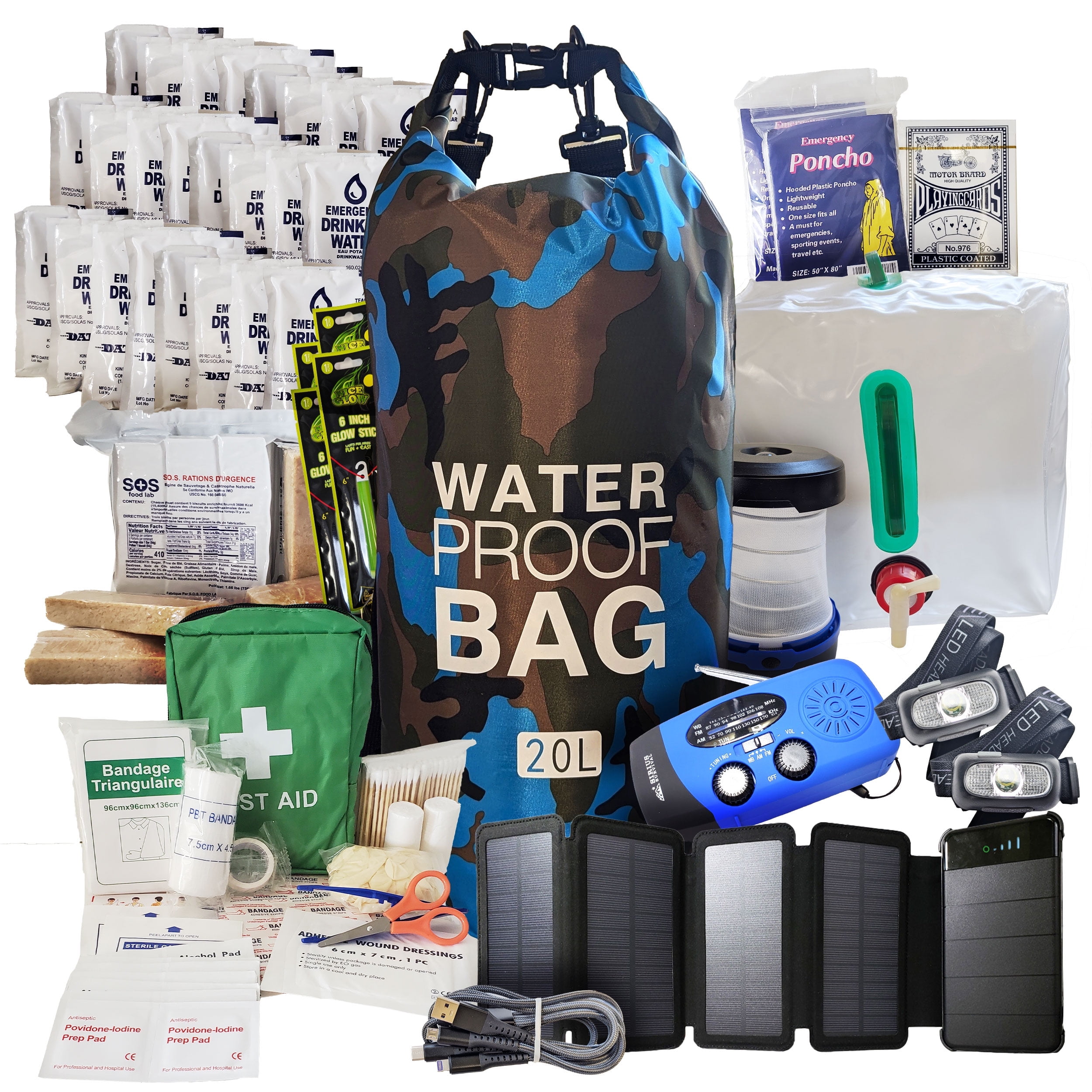 Sirius Survival Pre-Packed Hurricane Kit - Comprehensive Hurricane Preparedness Items - Essential Hurricane Supplies - Complete Hurricane Supply List in a Waterproof Bag for 2 People - Deep Blue Camo