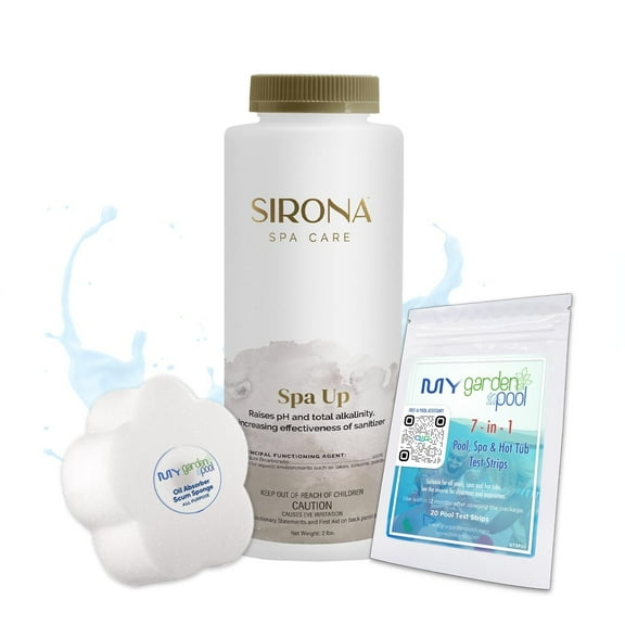 Sirona 82100 Spa Up, 2 LBS Includes My Garden Pool 20 Ct. Test Strips & Scum Sponge Raises pH & Alkalinity for Balanced & Clear Spa Water