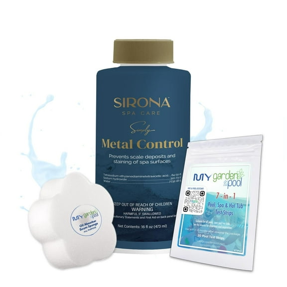 Sirona 82105 Simply Metal Control, 16 fl Oz Includes My Garden Pool 20 Ct. Test Strips & Scum Sponge Prevents Stains & Scale from Metals in Spa & Hot Tub Water